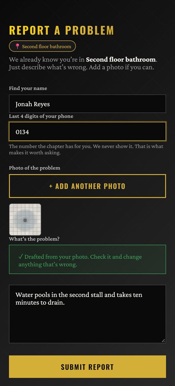 A resident reporting a slow shower drain from a QR code: the room is already named, a photo is attached, and the description is filled in.